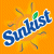 Pixelated orange background with blue text "Sunlist" and green leaf accent, surrounded by yellow-orange radiating lines.