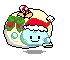 Pixel art contact sheet of a blue cartoon character wearing Santa hat with red trim and white fur, holding various Christmas items across 11 frames on gray background.
