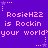 Purple background with repeated pixelated text 'RosieH22 is Rockin your world' and star motifs in light purple.