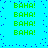 Green pixelated text 'BAHA!' repeats across a cyan background with scattered blue dots, forming a pattern with no visible animation changes