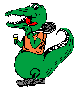 pixelated dinosaur icons in various colors, each wearing a vest and holding a small object