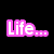Pixelated text reads 'Life...' in pink on the left and 'Finds a Way.' in blue on the right against a black background.