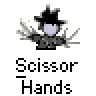 Pixelated cartoon character with scissor-like hands in two animation frames, red text 'badass buddy .com' above, gray background.