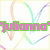 Pixelated icon with pink text 'julionno' on green background, surrounded by pastel-colored curved lines on white background.