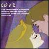 Pixelated anime-style image showing two characters in a close embrace, with text reading "LOVE" and a smaller paragraph below it on a purple background.
