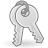Pixelated grayscale key icon with rounded bow and serrated bit, rendered in low-resolution style against solid gray background.