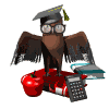 Animated cartoon owl wearing graduation cap and glasses, standing on red apple with calculator and books.