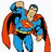 Pixelated Superman figure in blue and red costume with orange cape, standing against white background; adjacent red contain pixelated text fragments