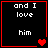 Four black square with red borders display white text 'and I love him' and varying pixelated heart symbols
