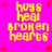 Pixelated yellow text on bright pink background with red plus signs, displaying 'hugs heal broken hearts' in four identical arrangements.