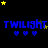 Blue 'TWILIGHT' text with blue hearts below, yellow and brown stars scattered on black background, animated star movement.