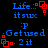 Pixelated blue text and red square symbols on black background, with repeated phrases and emoticons in a