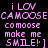 Pixelated pink text on black background reads "i LOV CAMOOSECAMOOSE co moose make me SMILE!:]" in two identical side-by-side