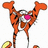 Pixelated orange cartoon character with striped limbs, pink eye, and white face, holding a silver ring with a pink gem, standing on a white background with yellow and brown objects below.