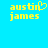 Yellow pixelated text 'austin james' on bright blue background with heart symbol replacing 'i' in 'austin', two identical frames side-by-side.