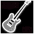 Pixelated electric guitar icon with white outline and gray body on black background, featuring changing 'A' and 'E' letter blocks in top-right corner.
