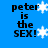 Blue background with black text reading 'peter is the SEX!' and white snowflake symbols in pixelated style.