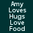 text-based icons with light blue highlights cycling through on a dark teal background, displaying phrases like 'Amy Loves Hugs Love Food'