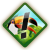 Diamond-shaped icon with green border containing abstract landscape of blue sky, yellow-orange sun, green fields, and black geometric shapes.