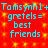 Red background with yellow square patterns and cyan text reading "Tomsynh1+Tomsynh1+ gretels= best friends" repeated twice.