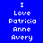 Four pixelated text display "I Love Patricia Anne Avery" in white on blue, purple, red, and purple backgrounds
