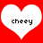 Two white heart shapes on a red background, each containing the text 'cheey' in black pixelated font.