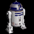 Pixelated static image of a white and blue droid with rounded head, cylindrical body, and single leg visible against black background.
