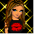 Pixelated cartoon woman with long brown hair and blue eyes, wearing a black shirt with red lips graphic against changing backgrounds