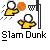 Pixelated graphic shows two yellow-shirted figures near a basketball hoop with an orange ball, labeled 'Slam Dunk' below.
