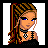 Pixel art contact sheet showing three frames of an animated buddy icon with a female character and red text on dark backgrounds.