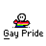 A contact sheet of 10 animated frames from a Gay Pride-themed AIM buddy icon featuring pixelated stick figures with rainbow stripes and rainbow arcs, some displaying text bubbles.