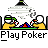 A static contact sheet of a pixel art poker icon with two identical frames showing yellow stick figures at a table under a lamp, and red/black text promoting 'badassbuddy.com' on the right side.