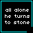 Four identical black square with cyan borders display white pixelated text reading 'all alone he turns to stone' with a cyan heart in the top-right and cyan star in the bottom-right