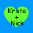Four green heart-shaped icons with black text "Krista + Nick" on a blue background, each showing slight variations in pixelation and blur.