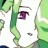 Pixelated anime-style character with green hair and purple eyes on left, black background with white text on right.