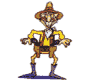 Animated cartoon character in yellow shirt and brown hat holding two black pistols, transitioning from one pistol to dual-pistol stance across frames.