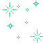 Pixelated green and blue starburst shapes with white centers scattered across a gray background, varying in size and orientation.