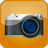 A pixelated camera icon with a blue lens, silver top, and dark gray body set against an orange background.