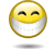 Yellow circular face with closed eyes and wide toothy grin, gold border, white background, three variations of size and shadow.