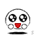 A circular cartoon face with large black-and-white eyes, red mouth, and two small white circles below the mouth on a white background.