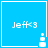 Blue square icon with white text 'Jeff<3' and a pixelated stack of three shapes in the bottom-right corner.