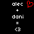 A black background displays white text 'alec + doni = <3' with a red pixelated heart symbol above the equals sign.