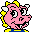 Pixelated pink pig character with yellow hair and blue pants, shown in two sequential expressions against a gray background.