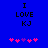 Blue background with black text 'I LOVE KJ' and five pink/purple pixelated hearts below, two versions showing heart animation changes.