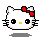 Four pixel-art Hello Kitty faces with red bows, black eyes, yellow noses, and pink cheeks on gray background.