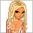 Pixelated character with long blonde hair and black eyes, wearing a sparkly orange outfit with white dots, standing against a white background with gray stars.