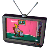 Six CRT televisions display a cartoon character seated in a chair, with pink curtains and green flooring visible on the screen.