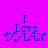 Pixelated blue text "I Love Dylar" on bright purple background with green rectangular bars appearing in different positions across frames.
