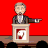 Animated contact sheet of a political campaign icon featuring a cartoon figure at a podium with changing gestures and props against a red background.