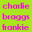 Green background with pink text 'charlie', 'braggs', 'frankie' and blue background with pink hearts; hearts increase from one to three across frames.